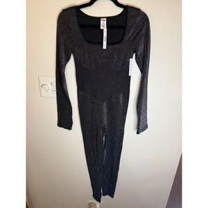 PINK VS Shimmer Seamless Long Sleeve Squareneck Jumpsuit Black Size S NWT